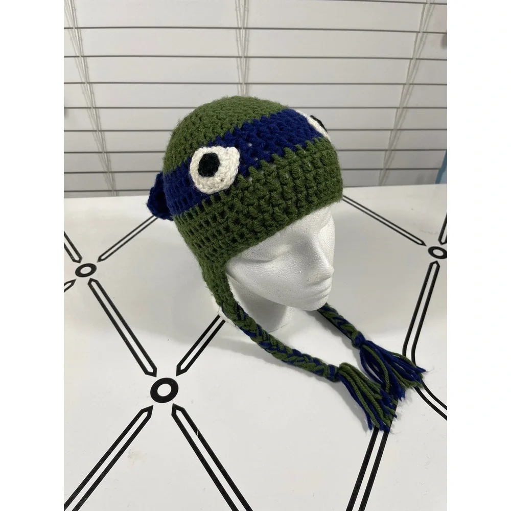 Kids Crochet Ninja‎ Turtle Hat With Braids Green Blue White Black Eye